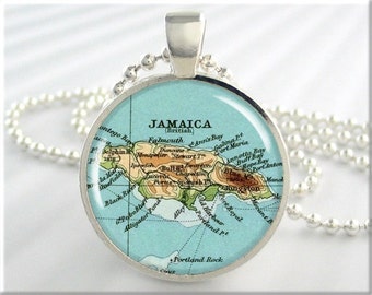 Jamaica Map Pendant, Resin Charm, Caribbean Island Map Necklace, Picture Jewelry, Gift Under 20, Round Silver, Travel Gift 384RS