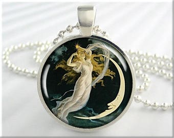 Maid Moon Art Pendant, Vintage Magician Charm, Maid Of The Moon, Poster Art Necklace, Resin Picture Pendant Jewelry, Lunar Art  262RS