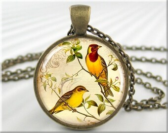 Yellow Bird Pendant, Art Jewelry, Resin Charm, Goldfinch Bird Necklace, Gift For Bird Lover, Round Bronze, Gift Under 20, Bird Charm 015RB