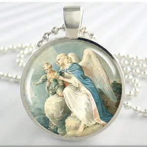 Angel Art Pendant, Resin Charm, Guardian Angel Necklace, Resin Picture Jewelry, Gift Under 20, Round Silver, Spiritual Gift 414RS