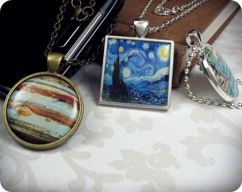 Owl Art Necklace Resin Pendant Owl Art Collage Resin Charm Round Bronze Owl Gift 034RB Gift For Bird Lover Gift Under 20