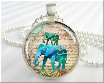 Elephant Art Pendant, Elephant Necklace, Blue Accessory, Elephant Collage Pendant, Round Silver, Gift Under 20, Elephant Lover Gift 269RS