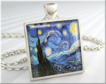 Van Gogh Starry Night Pendant, Vincent Van Gogh Art Pendant, Vintage Art Necklace, Resin Charm, Square Silver, Art Lover Gift 118SS