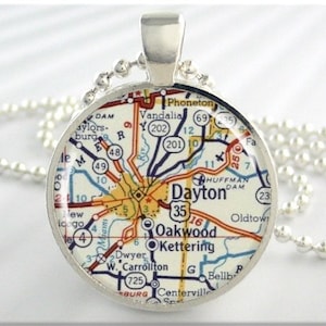 Dayton Map Pendant, Resin Charm, Dayton Ohio Map Necklace, Round Silver, Map Charm, Gift Under 20, Picture Jewelry 639RS image 1