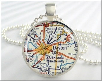 Dayton Map Pendant, Resin Charm, Dayton Ohio Map Necklace, Round Silver, Map Charm, Gift Under 20, Picture Jewelry 639RS