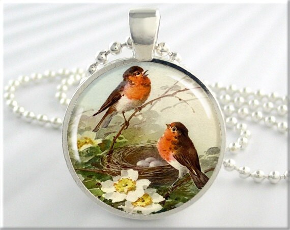 Red Robin Nesting Bird Pair Pendant Necklace Resin Charm Gift for