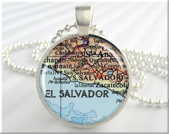 San Salvador Map Pendant, El Salvador Necklace, Resin Picture Jewelry, Map Necklace, Gift Under 20, Round Silver 688RS