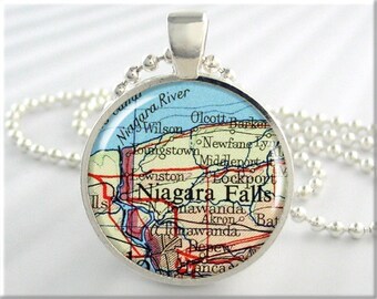 Niagara Falls Map Pendant, Resin Charm, Niagara Falls New York Map Necklace, Picture Jewelry, Gift Under 20, Round Silver, Map Charm 771RS