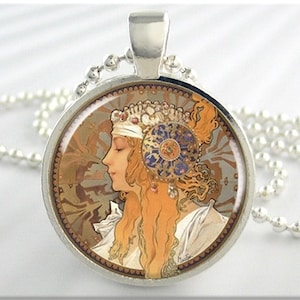 Mucha Art Necklace, Resin Pendant, Art Nouveau Jewelry, Neoclassical Art Charm, Round Silver, Gift Under 20, Art Lover Gift 474RS