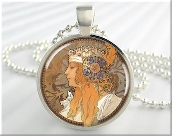 Mucha Art Nouveau Necklace: Silver Resin Pendant, Neoclassical Charm 474RS