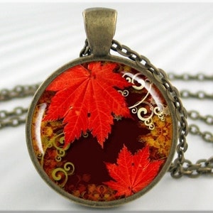 Fall Jewelry Necklace, Resin Pendant, Red Leaf Jewelry, Fall Season Pendant, Round Bronze, Fall Colors Charm, Unique Gift 002RB