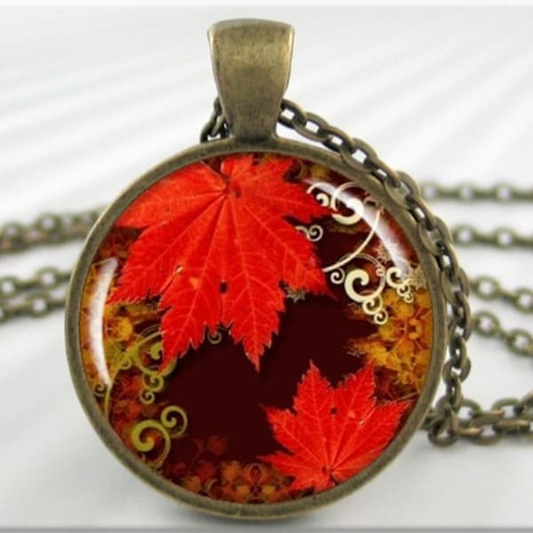 Fall Jewelry Necklace, Resin Pendant, Red Leaf Jewelry, Fall Season Pendant, Round Bronze, Fall Colors Charm, Unique Gift 002RB