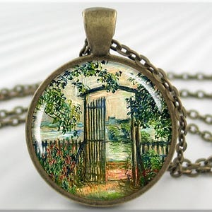 Monet Garden Gate Necklace, Resin Charm, Claude Monet Art Pendant, Impressionist Art Jewelry, Gift Under 20, Bronze Round 734RB