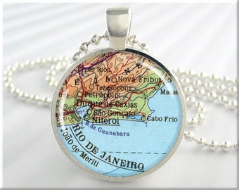 Rio De Janeiro Brazil Travel Necklace, Vintage Rio Map Pendant Charm, Resin Picture Pendant, Round Silver, Travel Gift 781RS