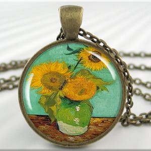 Van Gogh Sunflower Art Pendant, Vincent Van Gogh Art Charm, Three Sunflowers, Resin Charm, Famous Art Lover Gift 122RB