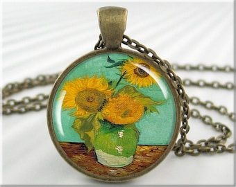 Van Gogh Sunflower Art Pendant Necklace, Bronze Finish 122RB