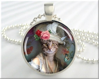 Cat Character Pendant, Cat Art Necklace, High Society Kitty, Picture Collage Art Charm, Art Pendant, Round Silver, Gift For Cat Lover 236RS