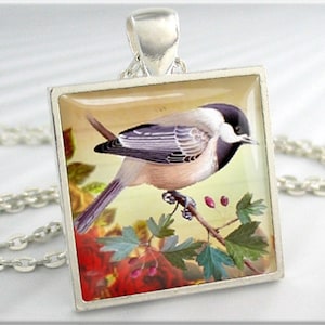 Chickadee Bird Pendant, Song Bird Jewelry, Chickadee Art Charm, Gift For Bird Lover, Square Silver, Gift For Birdwatcher, Nature Lover 087SS