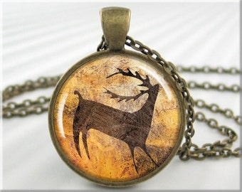 Indian Art Pendant, Ancient Cave Art Necklace, Deer Picture Jewelry, Round Bronze, Native American Charm, Gift Under 20, History Gift 244RB