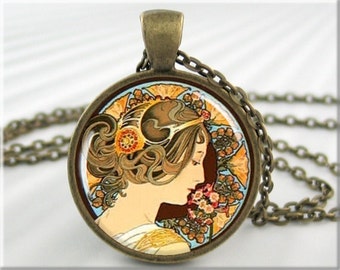 Mucha Primrose Necklace, Alphonse Mucha Art Jewelry, Resin Art Pendant, Round Bronze, Gift Under 20, Art Nouveau Charm, Girl Gift 169RB