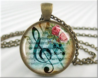 Musical Art Necklace, Resin Pendant, Music Charm, Treble Clef Music Staff, Picture Jewelry, Gift Under 20, Round Bronze 390RB