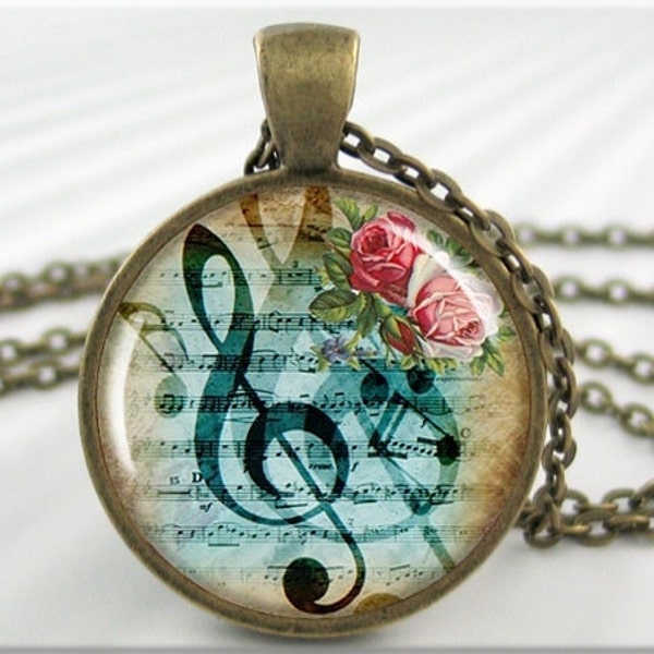 Musical Art Necklace, Resin Pendant, Music Charm, Treble Clef Music Staff, Picture Jewelry, Gift Under 20, Round Bronze 390RB