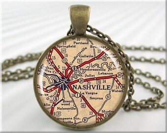 Nashville Map Pendant, Resin Charm, Nashville Tennessee Map Necklace, Round Bronze, Gift Under 20, Picture Pendant, Music City Charm 721RB