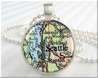 Seattle Map Pendant, Resin Pendant, Travel Necklace, Resin Map Jewelry, Seattle Washington Puget Sound Map, Round Silver Pendant 350RS