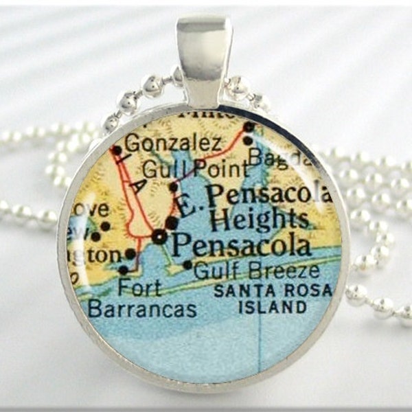 Pensacola Map Pendant, Resin Charm, Pensacola Florida Map Necklace, Picture Jewelry, Round Silver, Gift Under 20, Travel Charm 288RS