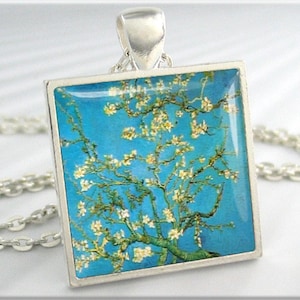 Van Gogh Pendant, Blossoming Almond Tree, Van Gogh Art Necklace, Turquoise Jewelry, Resin Charm, Art Pendant, Square Silver 123SS