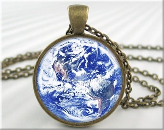 Earth Picture Pendant, Resin Pendant, Earth Jewelry, Space Photo Necklace, Planet Earth, Round Bronze, Earth Space Photo Charm 283RB