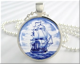 Sailing Ship Pendant, Delft Blue Ship Jewelry, Nautical Art Charm, Sailing Ship Necklace, Round Silver Pendant, Nautical Jewelry 778RS