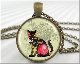 Cat Art Pendant, Kitty Rose Collage Pendant, Resin Charm, Gift For Cat Lover, Round Bronze, Collage Art 064RB