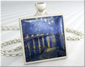 Collana notte stellata, Arte di Vincent Van Gogh, Ciondolo in resina, Notte stellata sul Rodano, Argento quadrato, Regalo sotto i 20 anni, Regalo d'arte 564SS