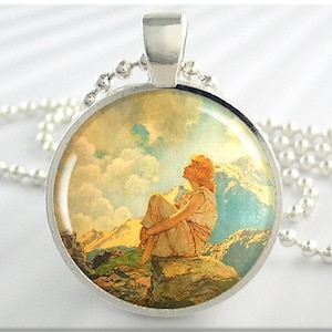 Parrish Morning Pendant, Maxfield Parrish Morning, Vintage Art Pendant, Parrish Necklace, Gift Under 20, Round Silver, Resin Pendant 432RS