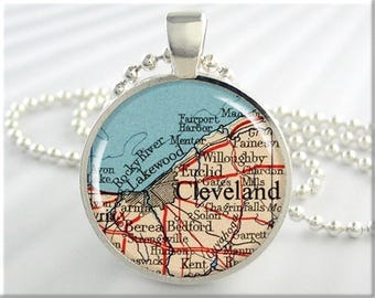 Cleveland Map Pendant, Resin Charm, Cleveland Ohio Map Necklace, Picture Jewelry, Gift Under 20, Round Silver, Map Charm 338RS