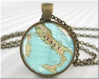 Italy Map Pendant, Resin Charm, Italy Old Map Necklace, Map Of Italy, Round Bronze, Gift Under 20, Teacher Gift 363RB