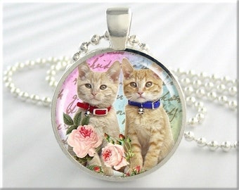 Kitten Art Necklace, Cat Collage Jewelry, Sister Cats Necklace, Resin Art Pendant, Gift Under 20, Round Silver, Gift For Cat Lover 162RS