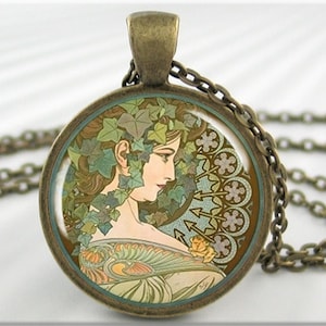 Alphonse Mucha Necklace, Art Pendant Charm, Mucha Ivy Art Nouveau, Picture Necklace, Neoclassical Art, Round Bronze, Paris Art 585RB