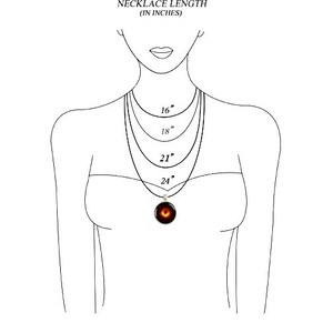 May include: A line drawing of a person wearing a necklace with four different lengths marked in inches: 16", 18", 21", and 24".