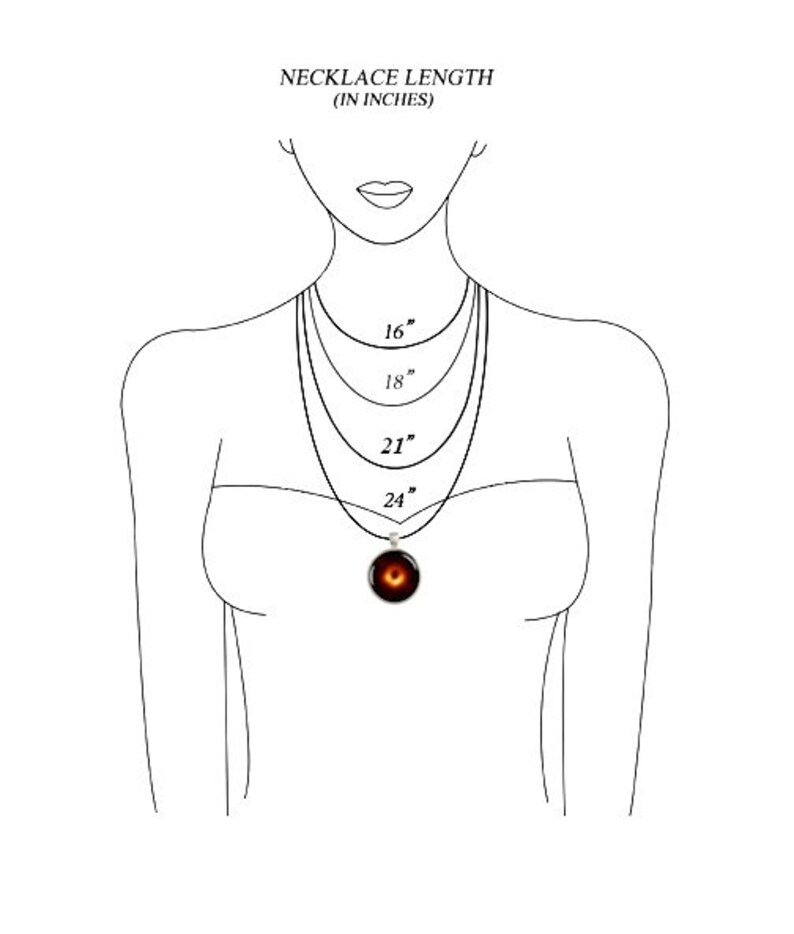 May include: A line drawing of a person wearing a necklace with four different lengths marked in inches: 16", 18", 21", and 24".