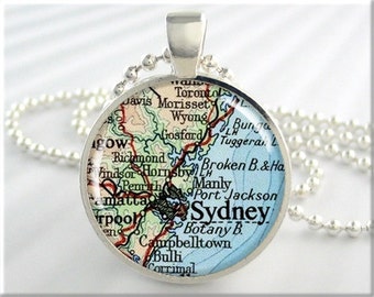 Sydney Map Pendant, Resin Charm, Sydney Australia Map Necklace, Picture Jewelry, Map Charm, Round Silver, Gift Under 20, Map Gift 251RS