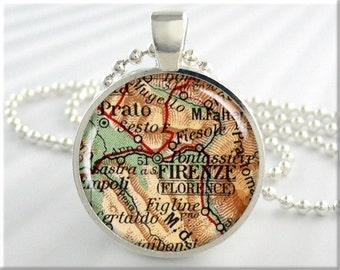 Florence Map Pendant, Resin Charm, Florence Italy, Map Necklace, Picture Jewelry, Map Charm, Gift Under 20, Round Silver 563RS