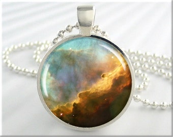 Omega Nebula Pendant, The Omega Nebula, Space Jewelry, Resin Necklace, Hubble Photo Charm, Round Silver, Space Geek Gift 410RS