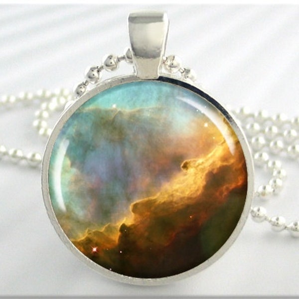 Omega Nebula Pendant, The Omega Nebula, Space Jewelry, Resin Necklace, Hubble Photo Charm, Round Silver, Space Geek Gift 410RS