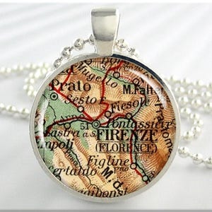 Florence Map Pendant, Resin Charm, Florence Italy, Map Necklace, Picture Jewelry, Map Charm, Gift Under 20, Round Silver 563RS