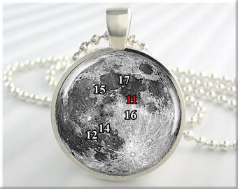 Apollo Moon Landing Pendant, Moon Space Travel Necklace, Lunar Apollo Jewelry, Round Silver, Space Geek Gift, Manned Space Program 779RS