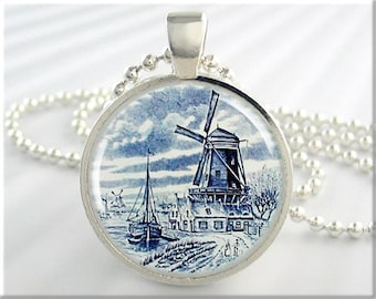 Delft Style Dutch Windmill Pendant Necklace: Holland Art Charm, History Travel Gift 124RS