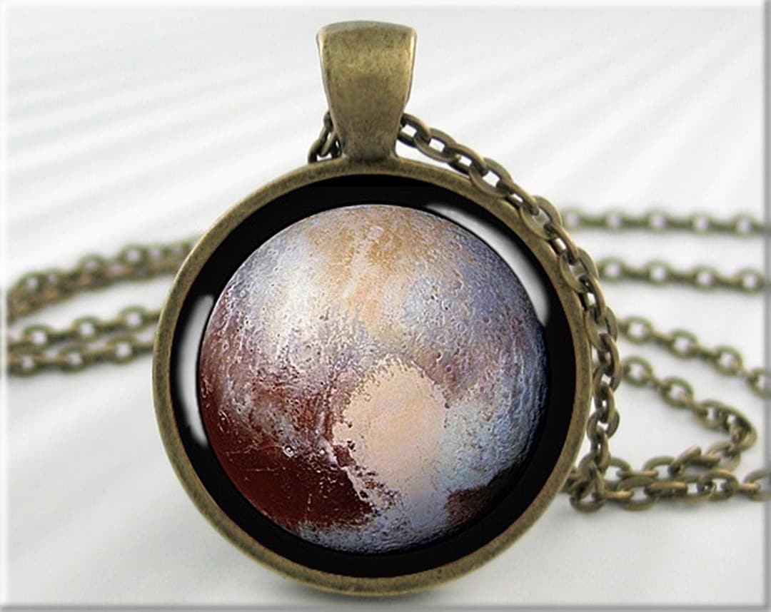 Pluto Photo Pendant Necklace, Bronze Planet Charm, Space Jewelry