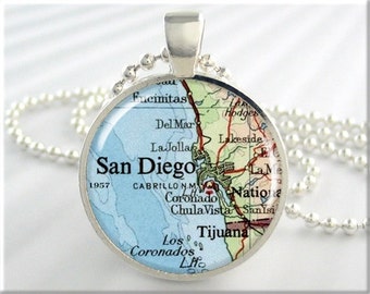 San Diego Map Pendant, Resin Charm, San Diego California, Map Necklace, Picture Jewelry, Gift Under 20, Round Silver 217RS